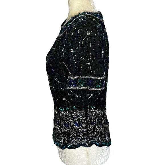 Laurence Kazar Black Beaded Silk Top Womens Small Vintage Sequin Party Blouse - Picture 7 of 12